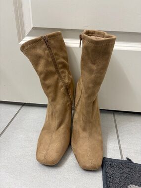 refuge Tan Suede Mid-Calf Heeled Boots with Side Zip
